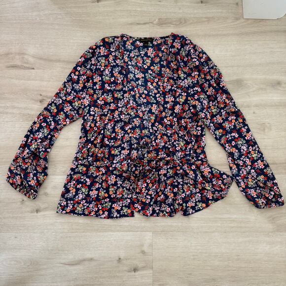 Banana Republic Navy Blue Floral Print Wrap Top Blouse Size Large - Picture 2 of 5